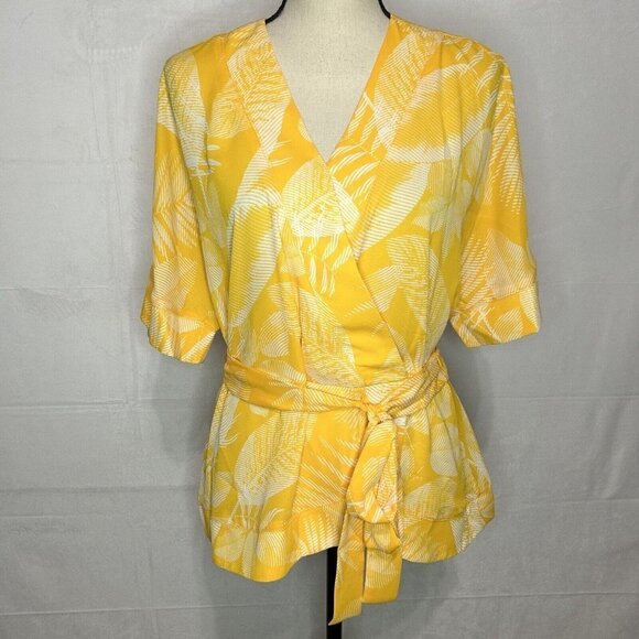 Worthington Blouse Womens Sash Tie Waist Faux Wrap Yellow White Sz M - Picture 1 of 8